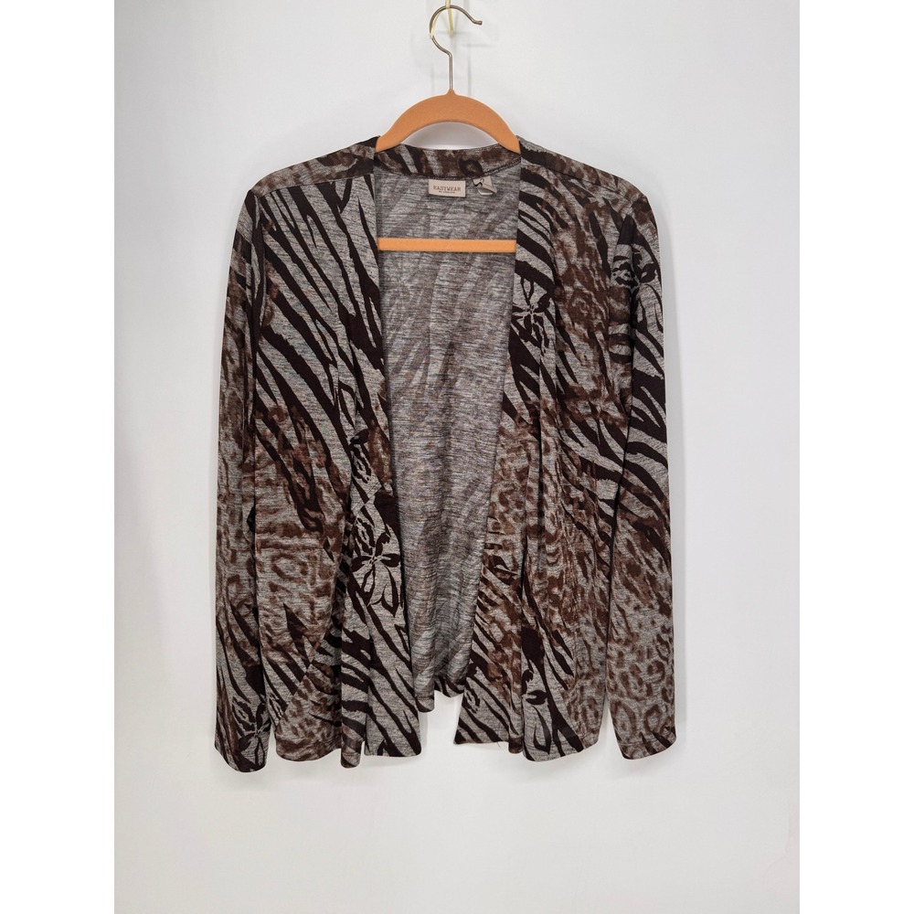 Chico's Cardigan Women 2 Brown EUC Animal Print Zebra Leopard Open Front Stretch